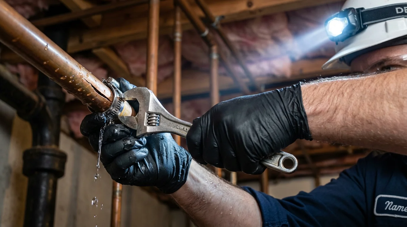 Emergency pipe clamp repair being performed by a Johns Plumbing LLC plumber in Whittier