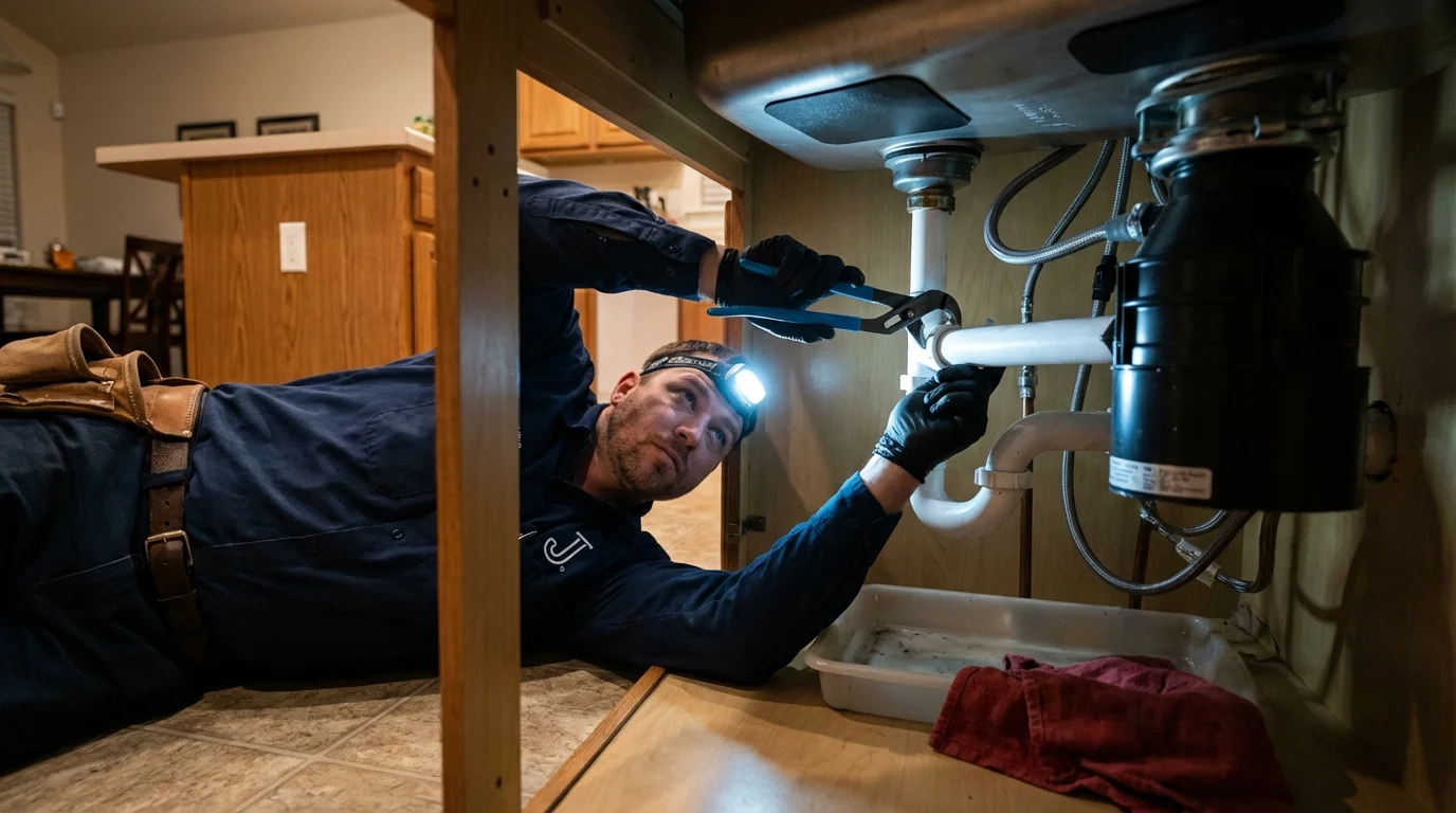 P-trap and supply line connections under a kitchen sink showing a common leak point in Whittier, CA
